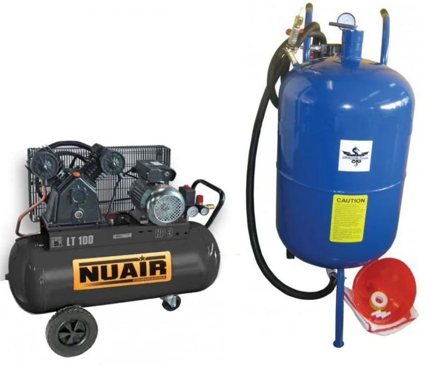 Sableuse mobile 38 litres et compresseur nuair 3 cv - cuve 100 litres bicylindre