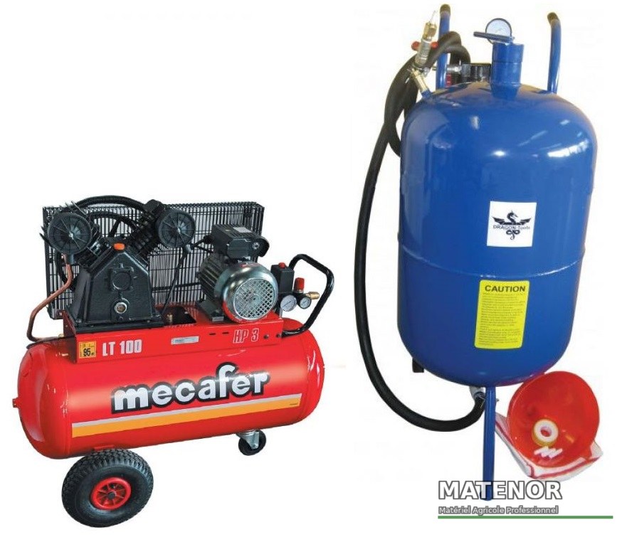 Sableuse mobile 38 litres et compresseur nuair 3 cv - cuve 100 litres bicylindre